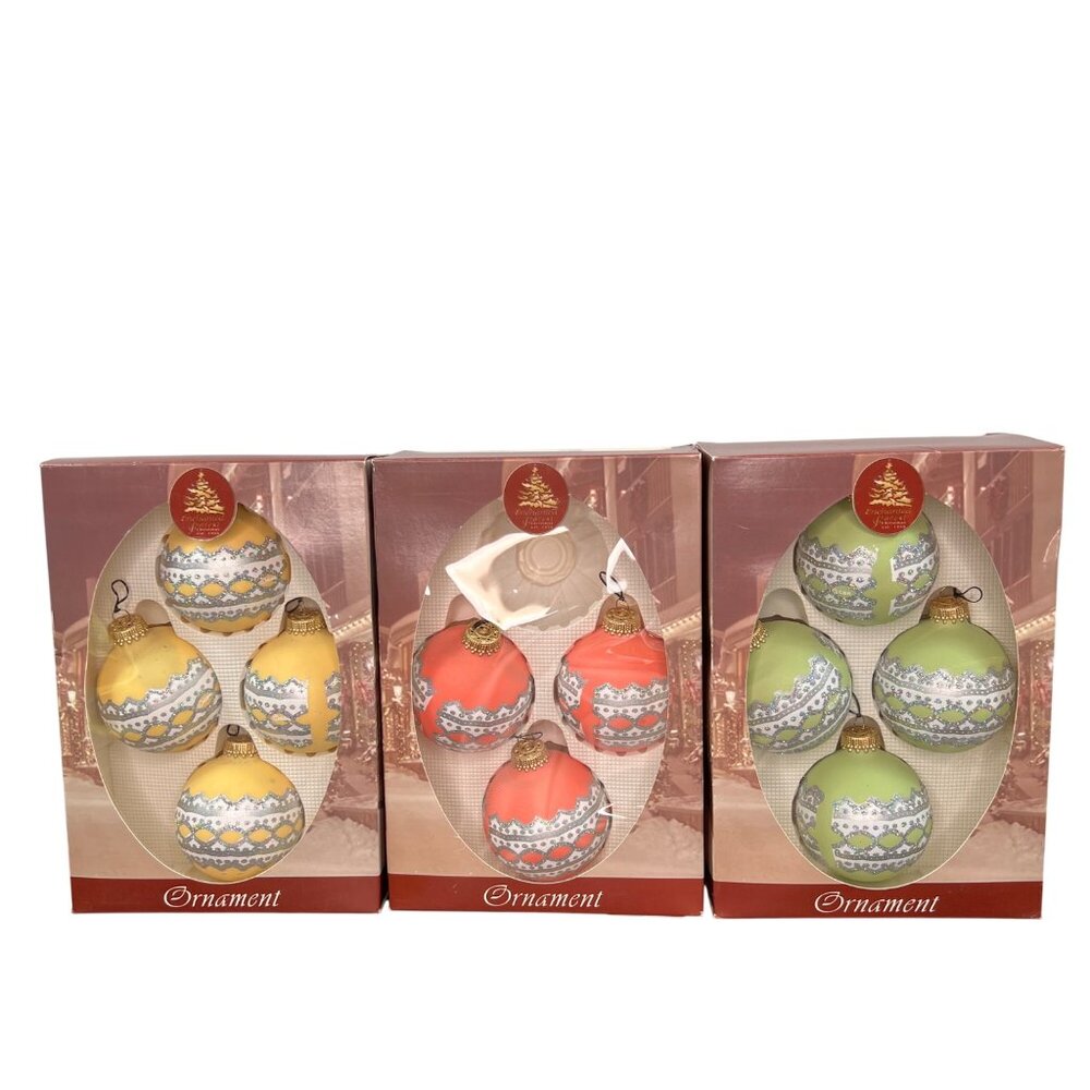 VTG Enchanted Forest Glass Christmas Ornaments Green Salmon Yellow White Glitter